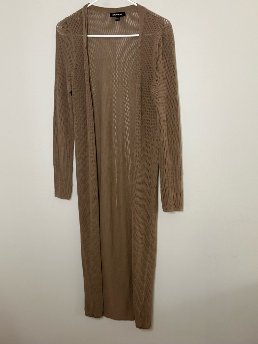 Express Long Open Knit Cardigan Dress - Taupe Mocha brown small lounge fall